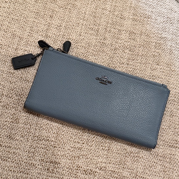 Coach Pebbled Leather Zip Wallet - Slate Blue Gray